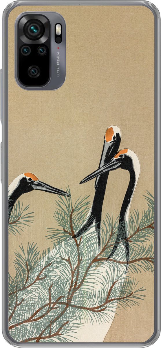 Telefoonhoesje Geschikt voor Xiaomi Geschikt voor Redmi Note 10 Pro hoesje - Bladeren - Kraanvogel - Dieren - Scandinavisch - Japan - Siliconen Telefoonhoesje Telefoonhoesje