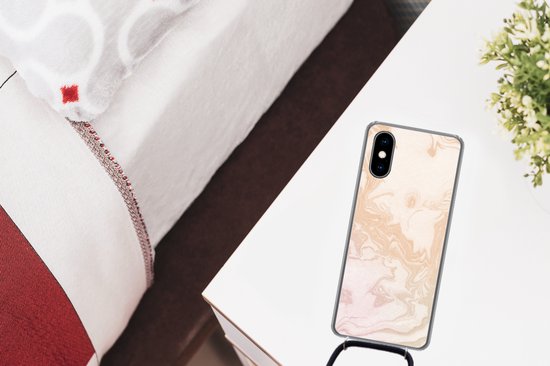 Cordon téléphonique - Chaîne téléphonique - Coque avec cordon iPhone XS - Marbre - Oranje - Wit - Siliconen - Bandoulière - Coque pour téléphone avec cordon