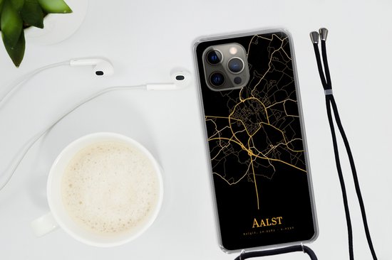 Cordon de téléphone - Chaîne de téléphone - Étui de téléphone Convient pour iPhone 12 pro bandoulière - Alost - Carte - Or - Siliconen - Bandoulière - Étui de téléphone avec cordon