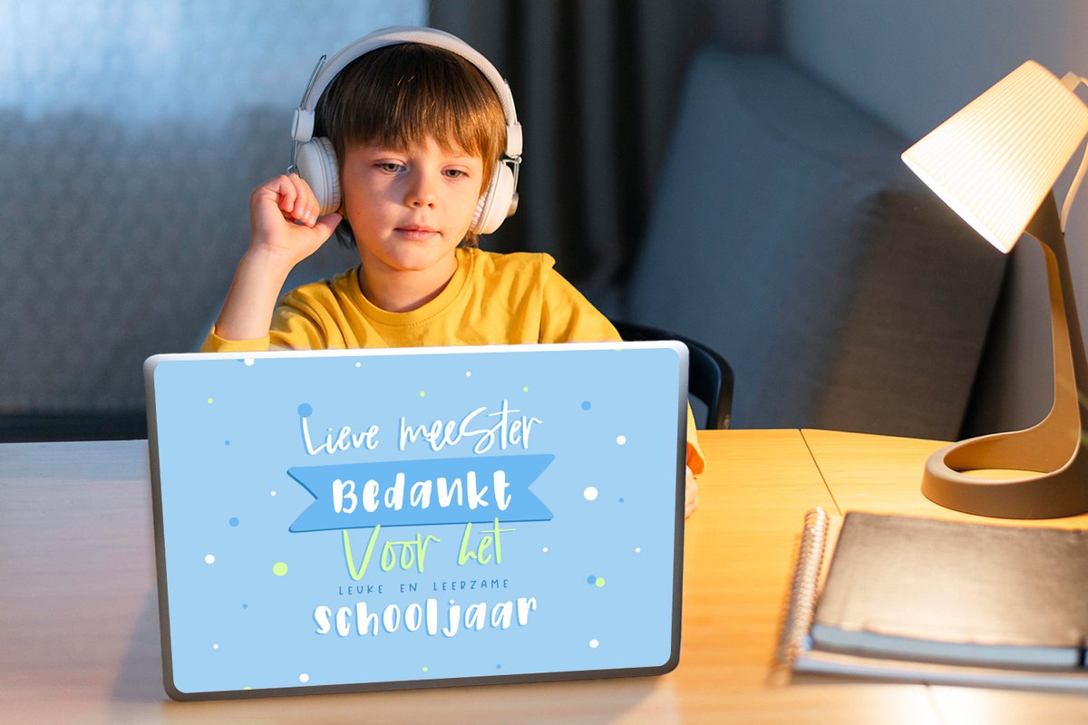 Laptop sticker - 10.1 inch - Quote - Stippen - Blauw - Lieve Meester bedankt - Spreuken - 25x18cm - Laptopstickers - Laptop skin - Cover
