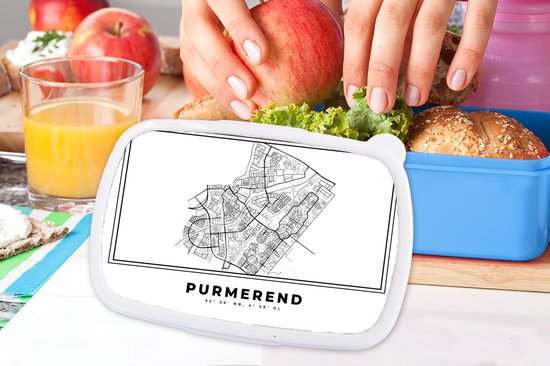 Breadbox Blauw - Lunchbox - Breadbox - Plan de la ville - Zwart Wit - Carte - Purmerend - Pays- Nederland - Carte - 18x12x6 cm - Enfants - Garçon