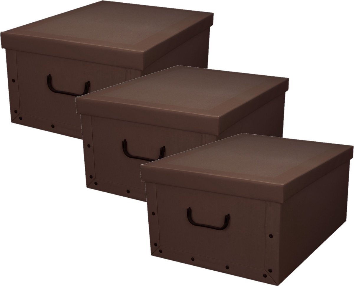 Pakket van 3x stuks opbergbox/opbergdoos van stevig karton in de kleur donkerbruin in formaat 51 x 37 x 24 cm met deksel en handgrepen