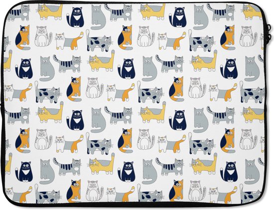 Housse d'ordinateur portable avec un fond blanc rempli de chats colorés dessinés dans diverses positions et couleurs.