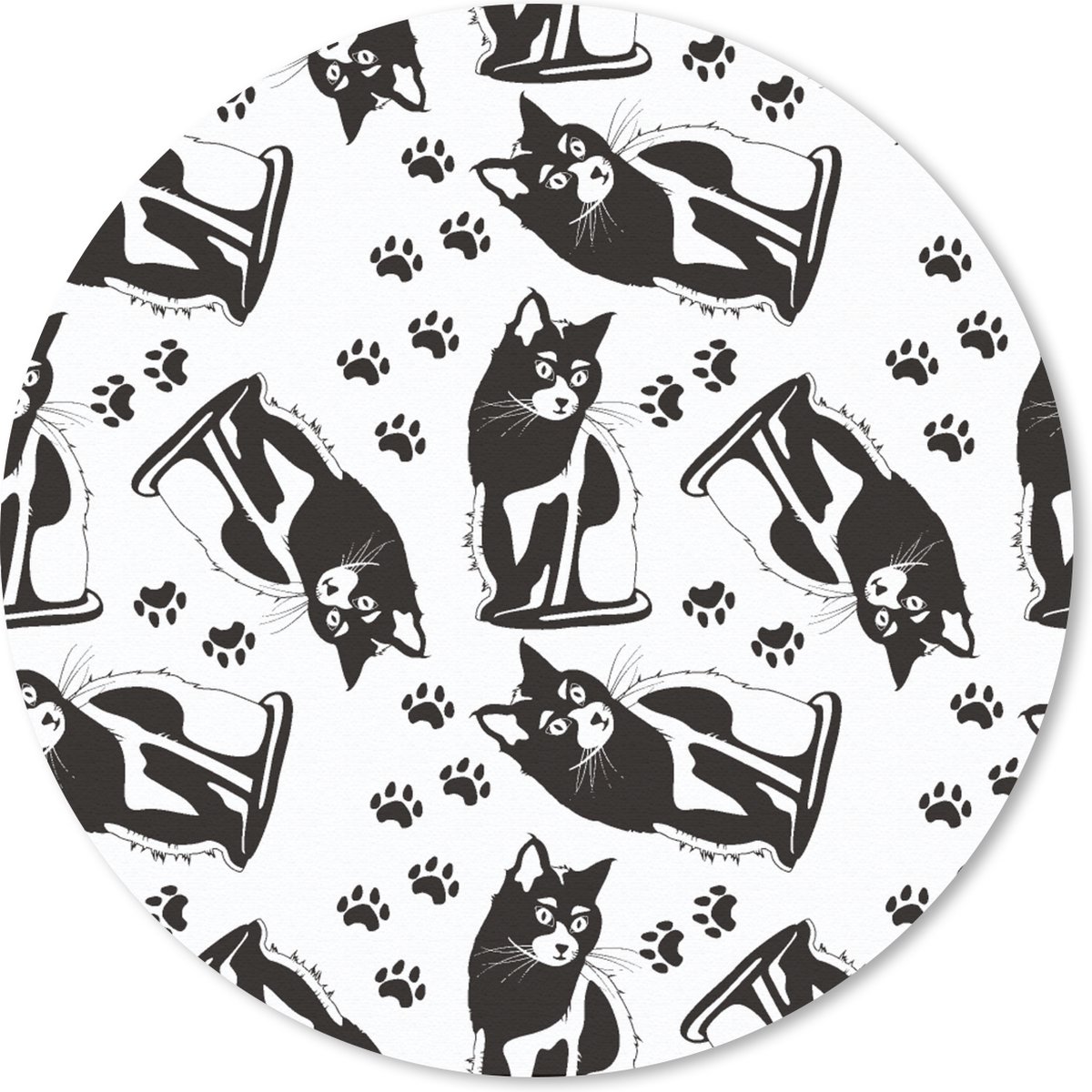 Muismat rond 20x20 cm - Mousepad Patronen - Kat - Zwart - Wit - Jongens - Meisjes - Kinderen - Kind - Ronde muismatten