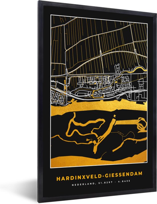 Poster met lijst Hardinxveld-Giessendam - Plattegrond - Goud - Kaart - Stadskaart