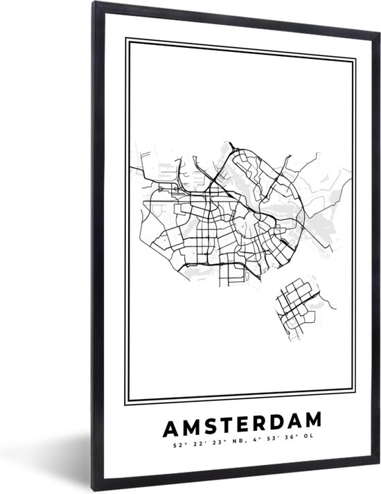 Fotolijst incl. Poster Zwart Wit- Plattegrond – Amsterdam – Zwart Wit – Stadskaart - Kaart - Nederland - 20x30 cm - Posterlijst