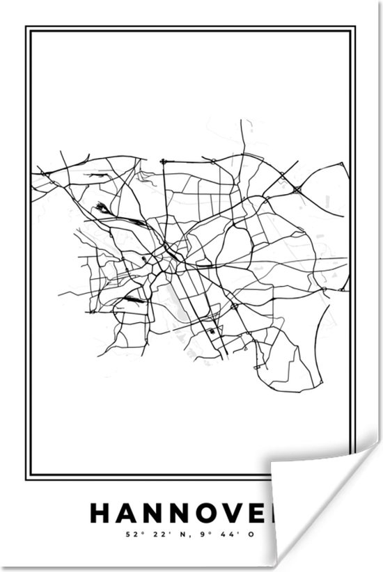Poster Stadskaart – Zwart Wit - Kaart – Hannover – Duitsland – Plattegrond - 60x90 cm