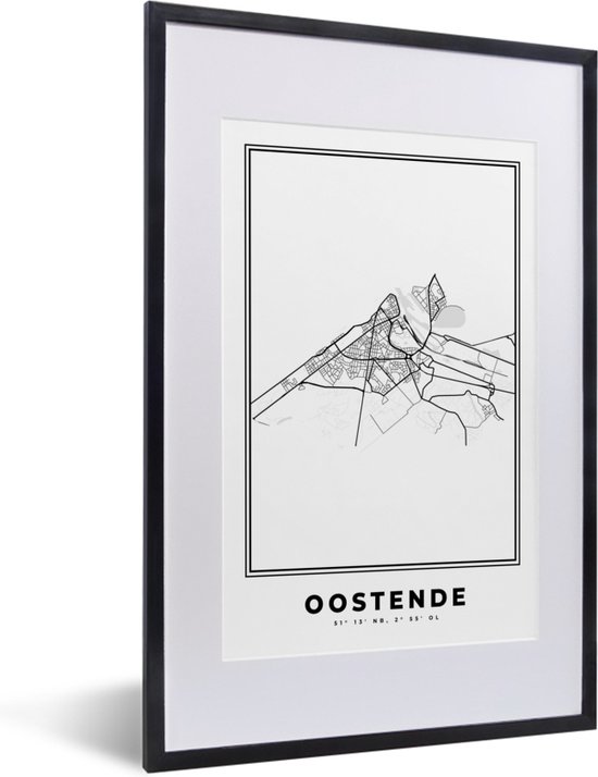 Fotolijst incl. Poster Zwart Wit- België – Oostende – Stadskaart – Kaart – Zwart Wit – Plattegrond - 40x60 cm - Posterlijst