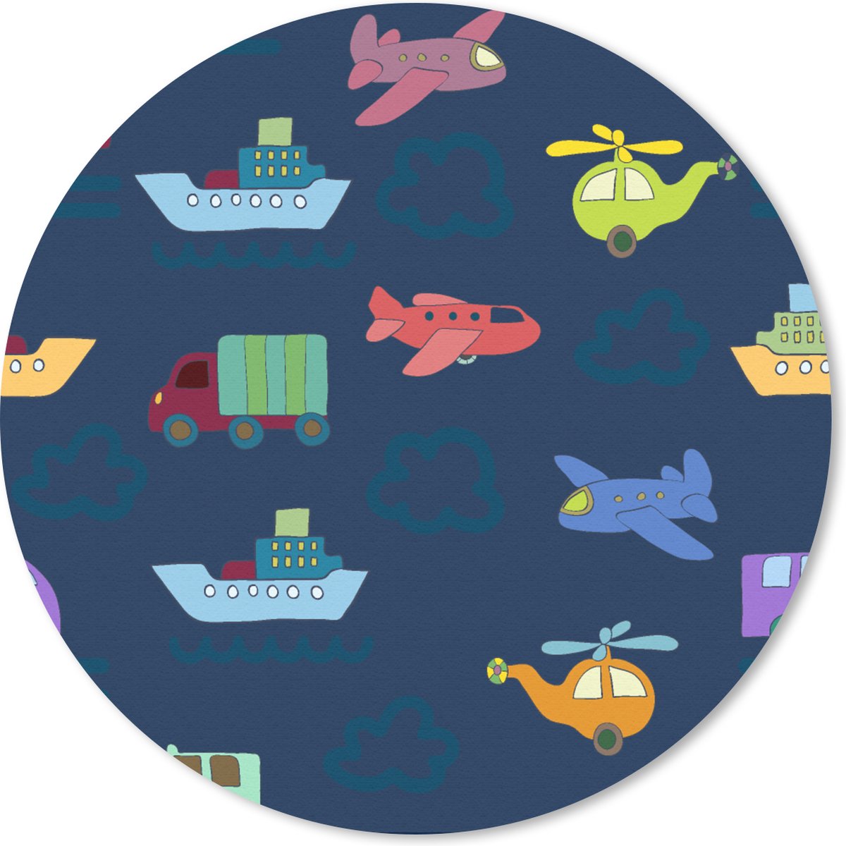 Muismat rond 20x20 cm - Mousepad Patronen - Vliegtuig - Boot - Vrachtwagen - Jongetje - Jongens - Kinderen - Kids - Ronde muismatten