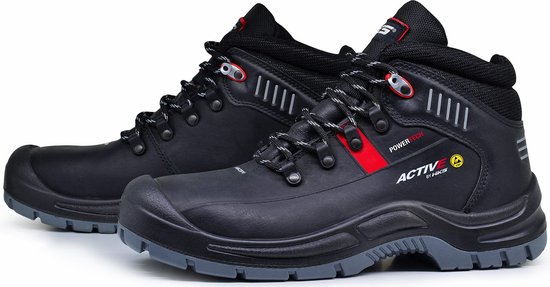 Zwarte leren werkschoenen met rode accenten, grijze zolen en zwarte veters.