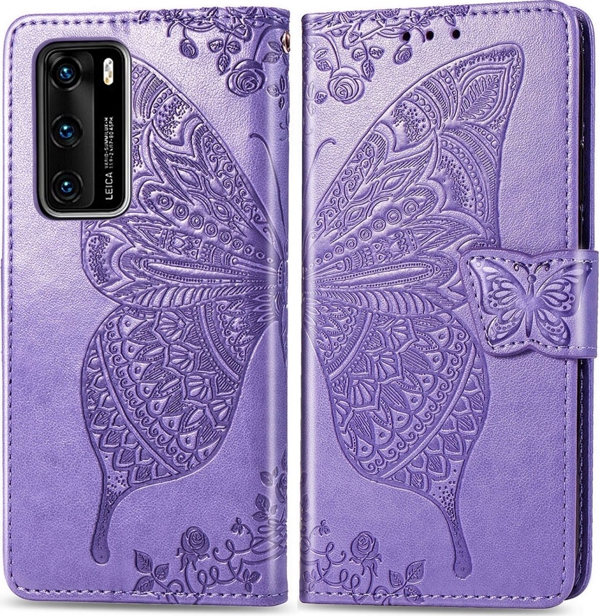 Mobigear Telefoonhoesje geschikt voor Huawei P40 Hoesje | Mobigear Butterfly Bookcase Portemonnee | Pasjeshouder voor 3 Pasjes | Telefoonhoesje voor Pinpas / OV Kaart / Rijbewijs - Paars