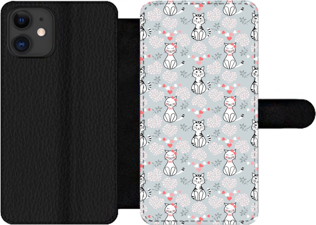 Telefoonhoesje Geschikt voor iPhone 11 telefoonhoesje - Patronen - Kat - Hart - Girl - Kids - Kinderen - Meiden - Met vakjes - Wallet case met magneetsluiting
