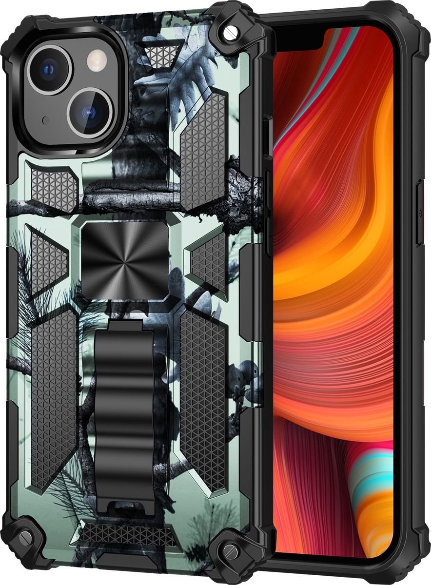 Mobigear Hoesje geschikt voor Apple iPhone 13 Telefoonhoesje Hardcase | Mobigear Armor Stand Backcover Shockproof met Standaard | Schokbestendig iPhone 13 Telefoonhoesje | Anti Shock Proof - Groen