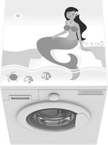 Wasmachine beschermer mat - Illustratie van een zeemeermin aan het strand - zwart wit - Breedte 60 cm x hoogte 60 cm