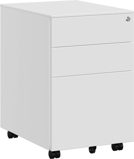 SONGMICS OFC60WT Conteneur à roulettes, armoire de bureau, en acier, prémonté, verrouillable, avec 3 tiroirs, dossier suspendu, pour documents, papeterie, bureau, 52 x 39 x 60 cm, blanc