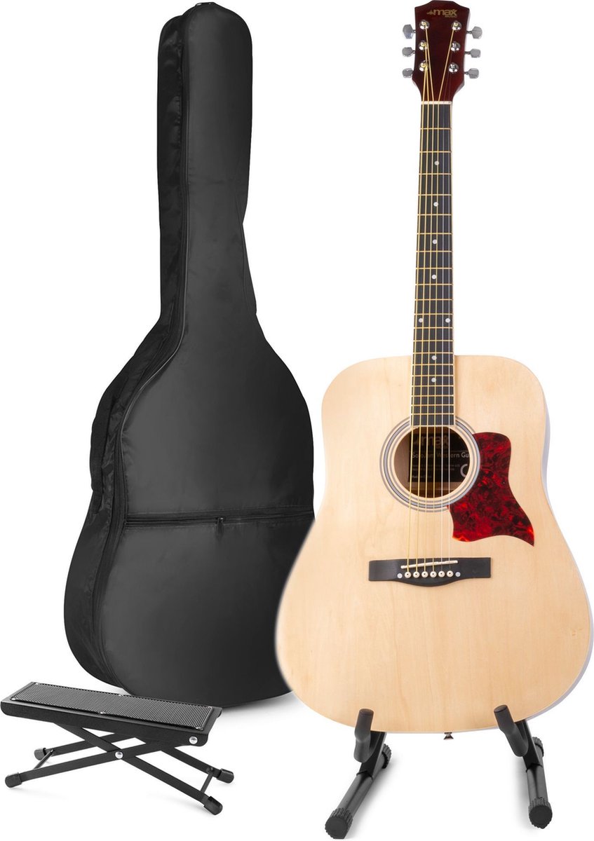 Akoestische gitaar voor beginners - MAX SoloJam Western gitaar - Incl. gitaar standaard, voetsteun, gitaar stemapparaat, gitaartas en 2x plectrum - Hout