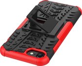 Mobigear Hoesje geschikt voor Apple iPhone SE (2022) Telefoonhoesje Hardcase | Mobigear Tire Backcover Shockproof met Standaard | Schokbestendig iPhone SE (2022) Telefoonhoesje | Anti Shock Proof - Zwart / Rood