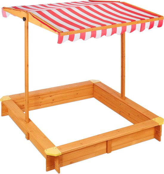Bac à Sable Spielwerk Sami 120x120cm – Bois D'épicéa Traité, Toit Réglable Protection UV 50+, Tapis De Sol