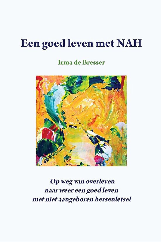 Boek "Een goed leven met NAH" door Irma de Bresser. Abstracte, kleurrijke schildering met rode, gele en groene verfstreken.