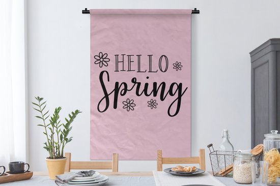 Tenture murale - Toile murale - Citation « Bonjour le printemps » avec fleurs roses - 90x135 cm - Tapisserie murale