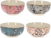 Set van 4 porseleinen kommen 480ml met kraanvogels, reigers en pauwen in roze- en blauwtinten