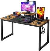 naqsh store Computertafel, computertafel, 140 x 60 x 75 cm, bureau voor gaming/werk/werkkamer met motorhouder, 2 ogen voor kabels/1 oorhaak, rustiek bruin