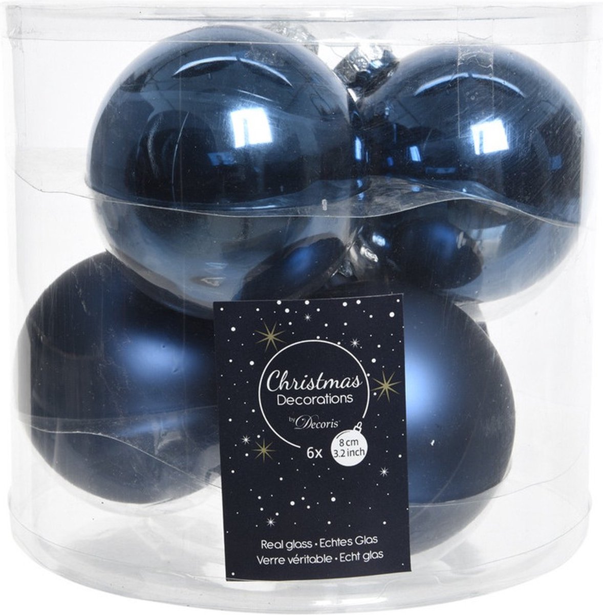 Decoris Kerstballen - 6x st - donkerblauw - D8 cm - glas - glans en mat - Kerstboomversiering