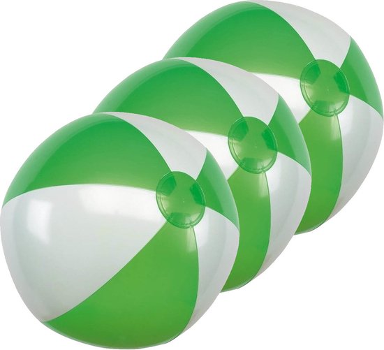 Opblaasbare speelgoed strandbal - 10x - groen/wit - dia 28 cm - Strandballen - Buiten speelgoed - Strand speelgoed - PVC