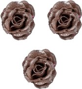 4x Oud roze roos met glitters op clip 7 cm - kerstversiering
