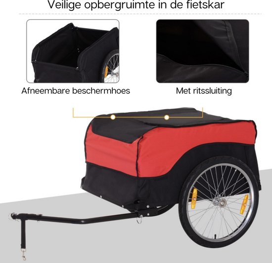 Rode en zwarte fietskar met illustraties die de afneembare hoes en ritssluiting tonen.