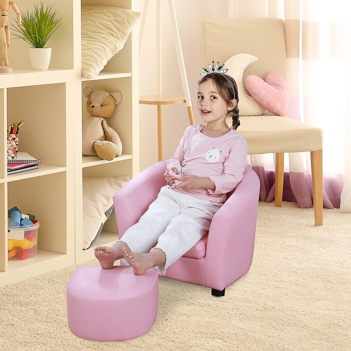 HOMCOM Chaise haute, mini chaise avec pouf, canapé pour enfants, filles  rose 310-036 | bol.com