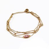 Dottilove Dames Armband 3 Lagen - Roze Natuursteen - Geelgoudkleurig Vergulde - Schakelsarmband