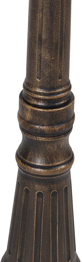 Gedetailleerd beeld van de basis van een bronzen lantaarnpaal met decoratieve groeven.