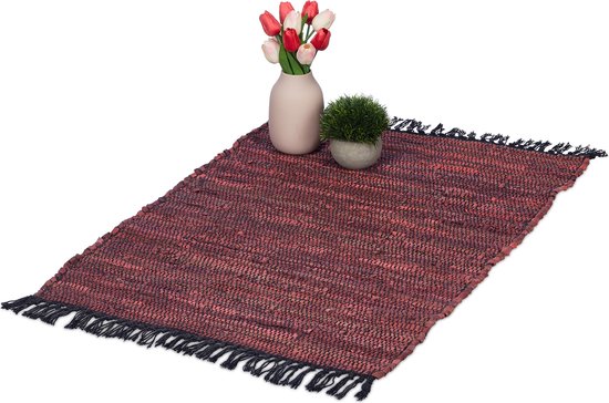 Relaxdays vloerkleed - leder en katoen - binnenkleed - 60 x 100 cm - chill mat - tapijt - Bordeaux