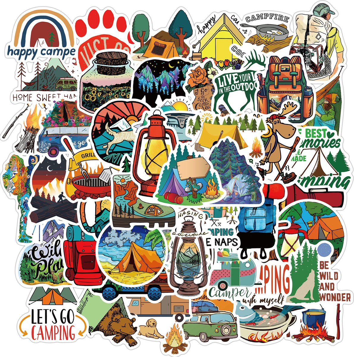 Kampeer Outdoor Stickers - set 50 stuks - Laptop Stickers - Stickervellen