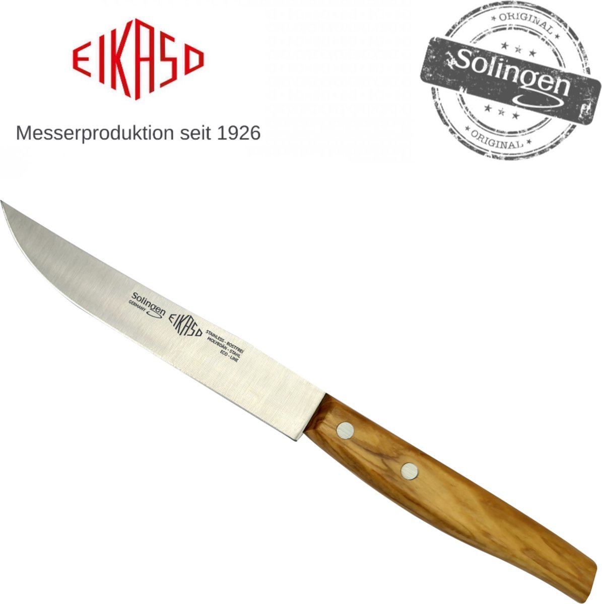 Eikaso Solingen Steakmes - Glad - Lemmet 12 cm - Olijfhout