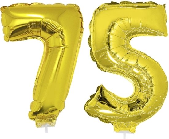 75 jaar leeftijd feestartikelen/versiering cijfers ballonnen op stokje van 41 cm - Combi van cijfer 75 in het goud