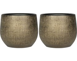 Plantenpot/bloempot in een strakke Modern design look - Set van 2x stuks - metal goud - Dia 18 cm en Hoogte 16 cm