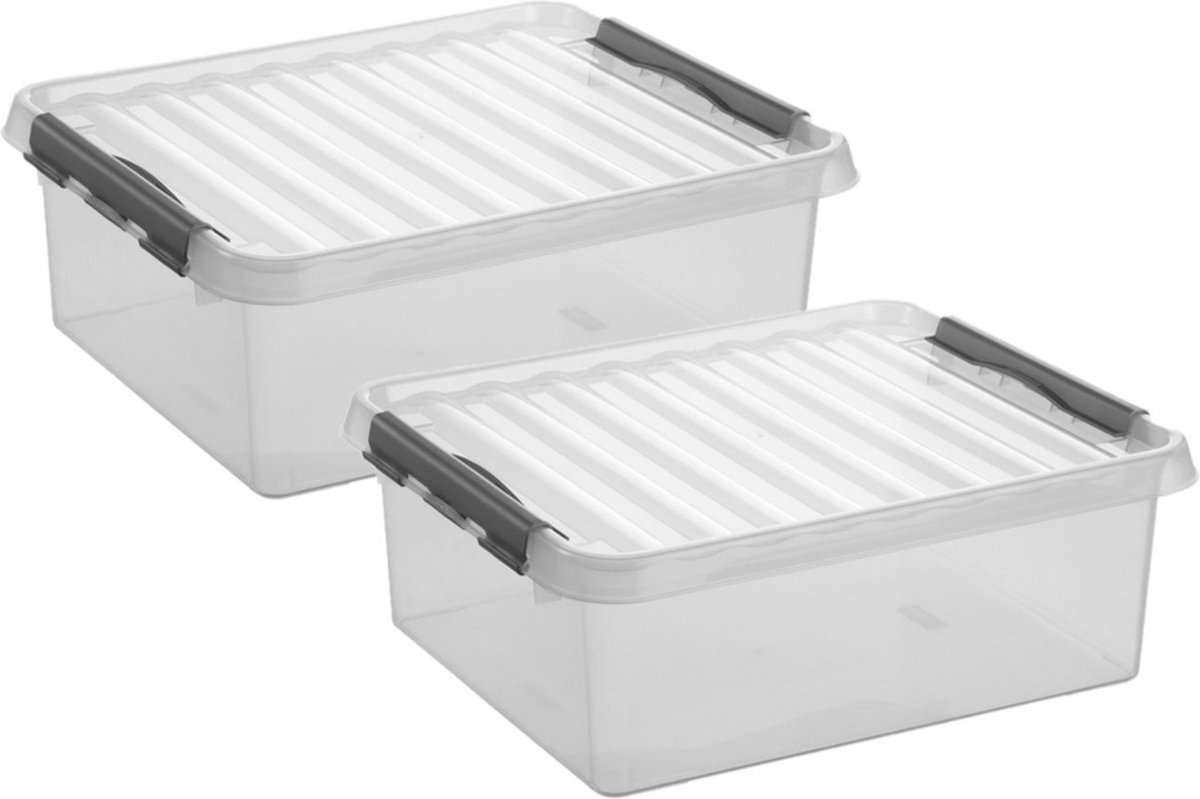 2x stuks opberg box/opbergdoos 25 liter 50 x 40 x 18 cm - Opslagbox - Opbergbak kunststof transparant/grijs
