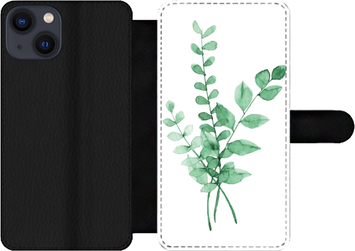 Telefoonhoesje Geschikt voor iPhone 13 telefoonhoesje - Waterverf - Bladeren - Planten - Met vakjes - Wallet case met magneetsluiting