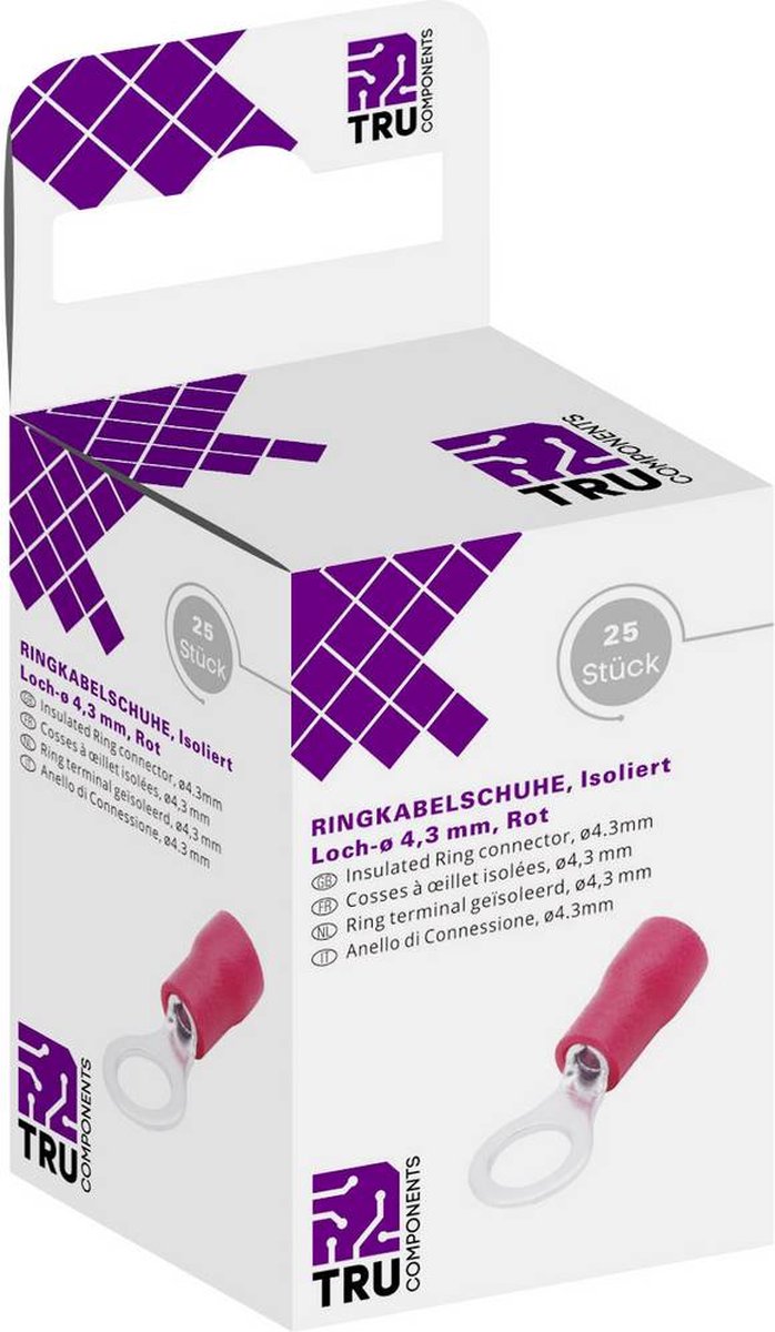 TRU COMPONENTS T1904C059 Ringkabelschoen Dwarsdoorsnede (max.): 1.50 mm² Gat diameter: 4.30 mm Deels geïsoleerd Rood 25