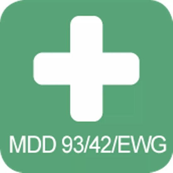 Groen pictogram met een wit medisch kruis en tekst 'MDD 93/42/EWG'.