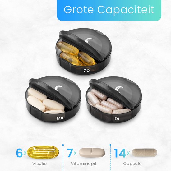Pilulier GEASY 7 jours 2 compartiments - Pilulier avec boîte de rangement pratique pour les déplacements - Verrouillage fort - Néerlandais - Zwart