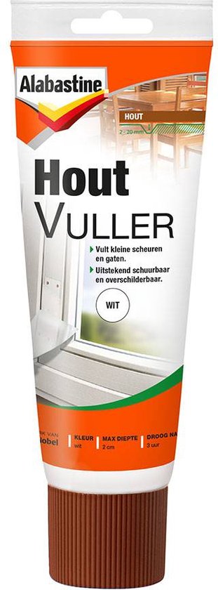 Alabastine Houtvuller, witte tube met bruine dop, 310 ml.