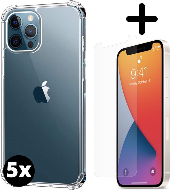 Fooniq Siliconen Hoesje Anti Schock Transparant 5x + Screenprotector 5x - Geschikt Voor Apple iPhone 12 Pro