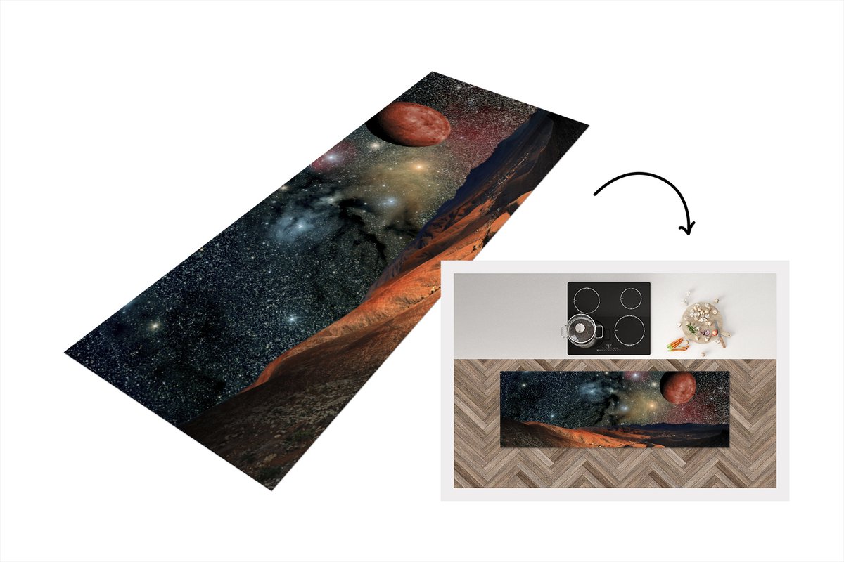 KitchenYeah Keukenloper - Loper keuken - een planeetoppervlak met sterren en planeten - 180x60 cm - Keukenloper vinyl Multicolor