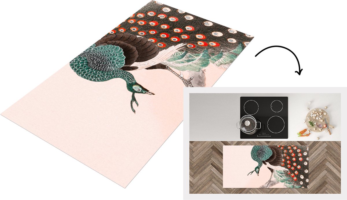 KitchenYeah Keukenloper - Loper keuken - Pauw - Veren - Japans - Vintage - 120x60 cm - Keukenloper vinyl Multicolor