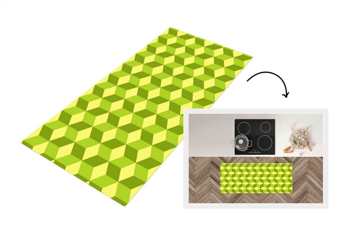 KitchenYeah Keukenloper - Loper keuken - Patroon - Groen - Blokken - Keukenloper vinyl Multicolor