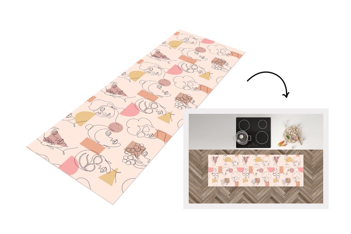 KitchenYeah Keukenloper - Loper keuken - Line Art - Gezicht - Vrouwen - Patronen - 150x50 cm - Keukenloper vinyl Multicolor