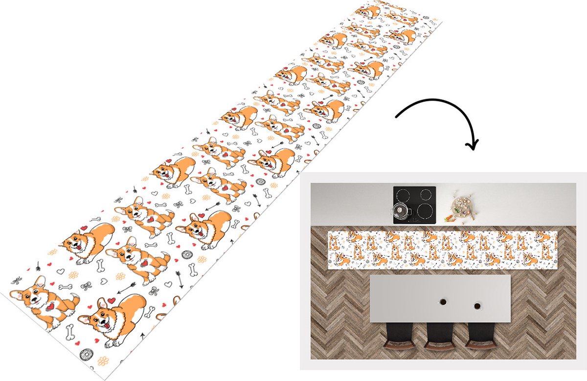KitchenYeah Keukenloper - Loper keuken - Hond - Corgi - Patronen - 300x50 cm - Keukenloper vinyl Multicolor